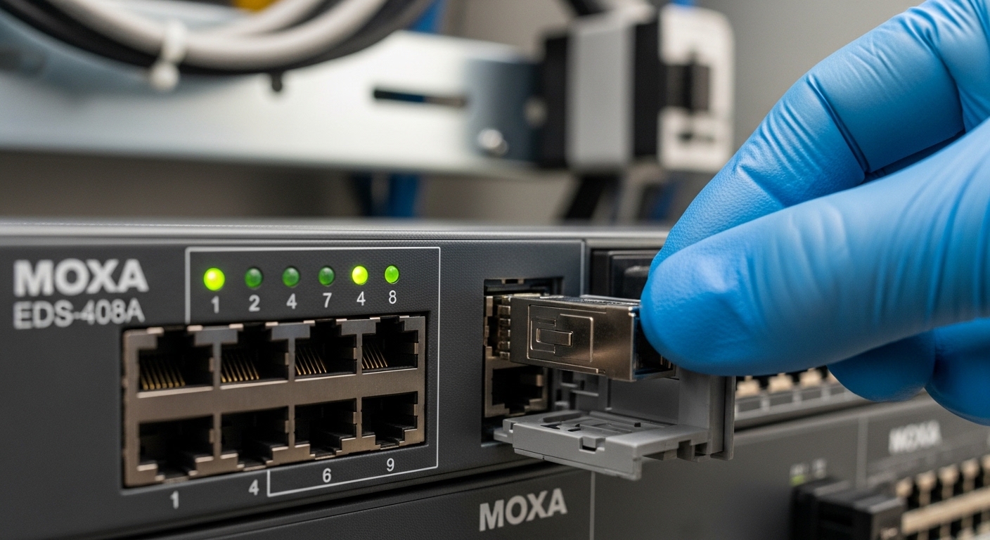 Close-up macro photography of a Moxa industrial Ethernet switch front panel with an open SFP cage, showing an SFP transceiver