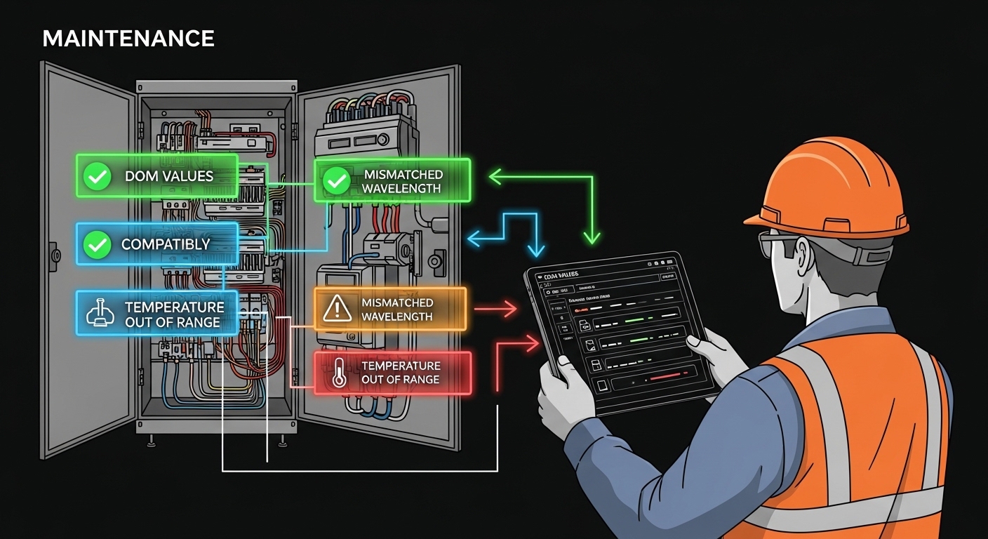 Illustrated concept art showing a maintenance workflow diagram: an industrial switch cabinet, a technician scanning DOM value
