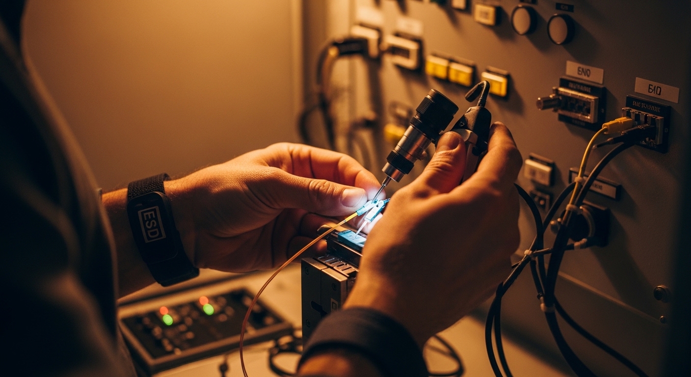 Lifestyle scene inside an industrial control cabinet at dusk, technician wearing ESD wrist strap gently cleaning an LC fiber 