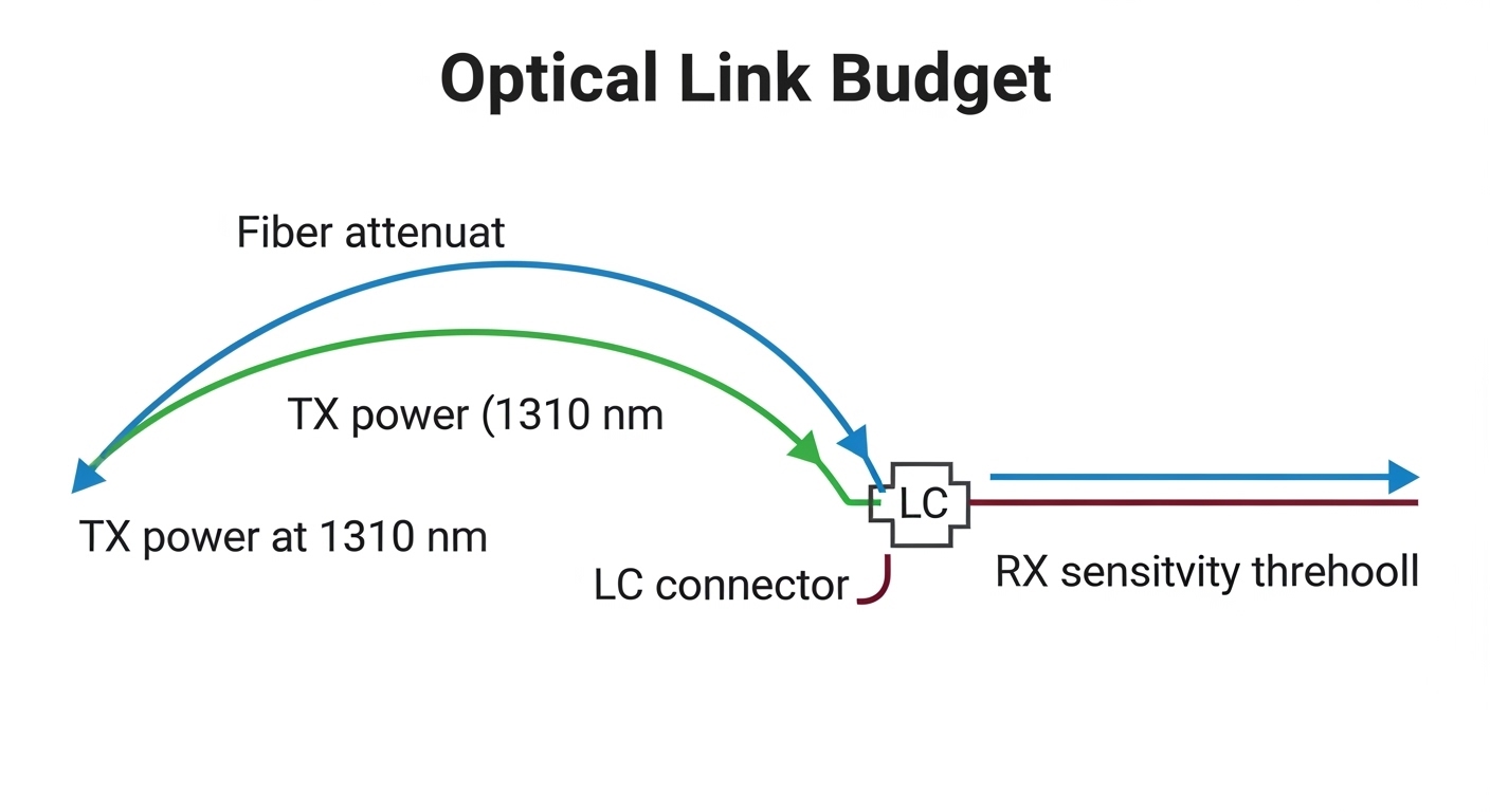 Clean vector illustration showing an optical link budget diagram with fiber attenuation curve, TX power at 1310 nm, RX sensit