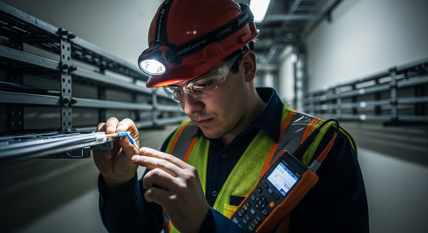 Realistic lifestyle scene of a field engineer wearing PPE in an industrial corridor, using a handheld optical power meter and