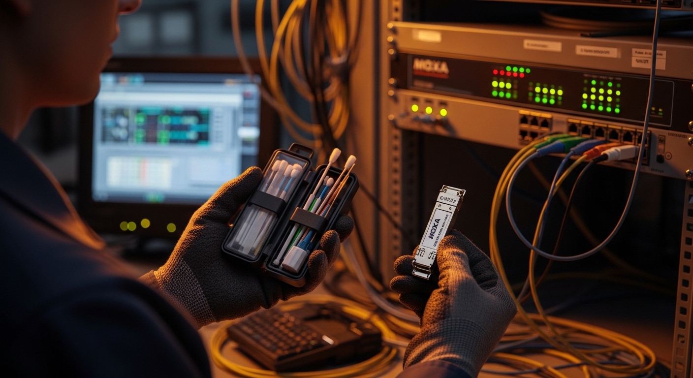 Photorealistic lifestyle scene inside an industrial control room at dusk, showing a technician holding a fiber cleaning kit a