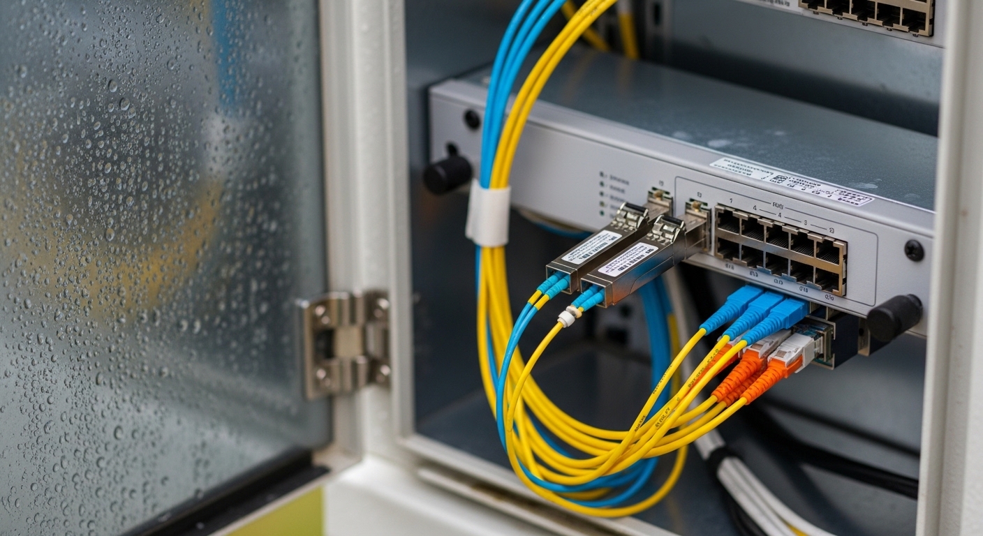 Close-up photography of an outdoor utility fiber cabinet with a partially opened door, showing a small aggregation switch wit