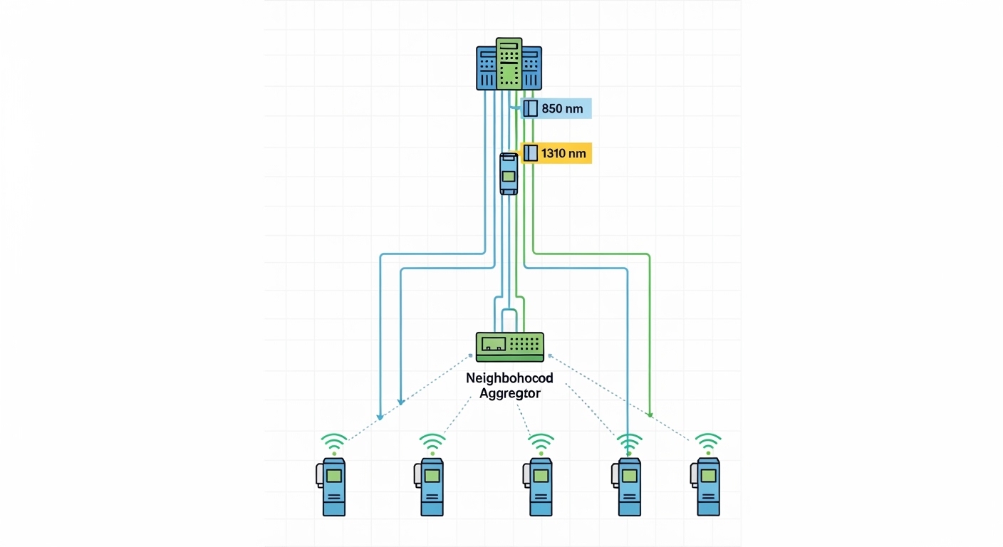 Concept illustration in clean vector style showing a smart water meter network diagram: meters at the bottom, neighborhood ag