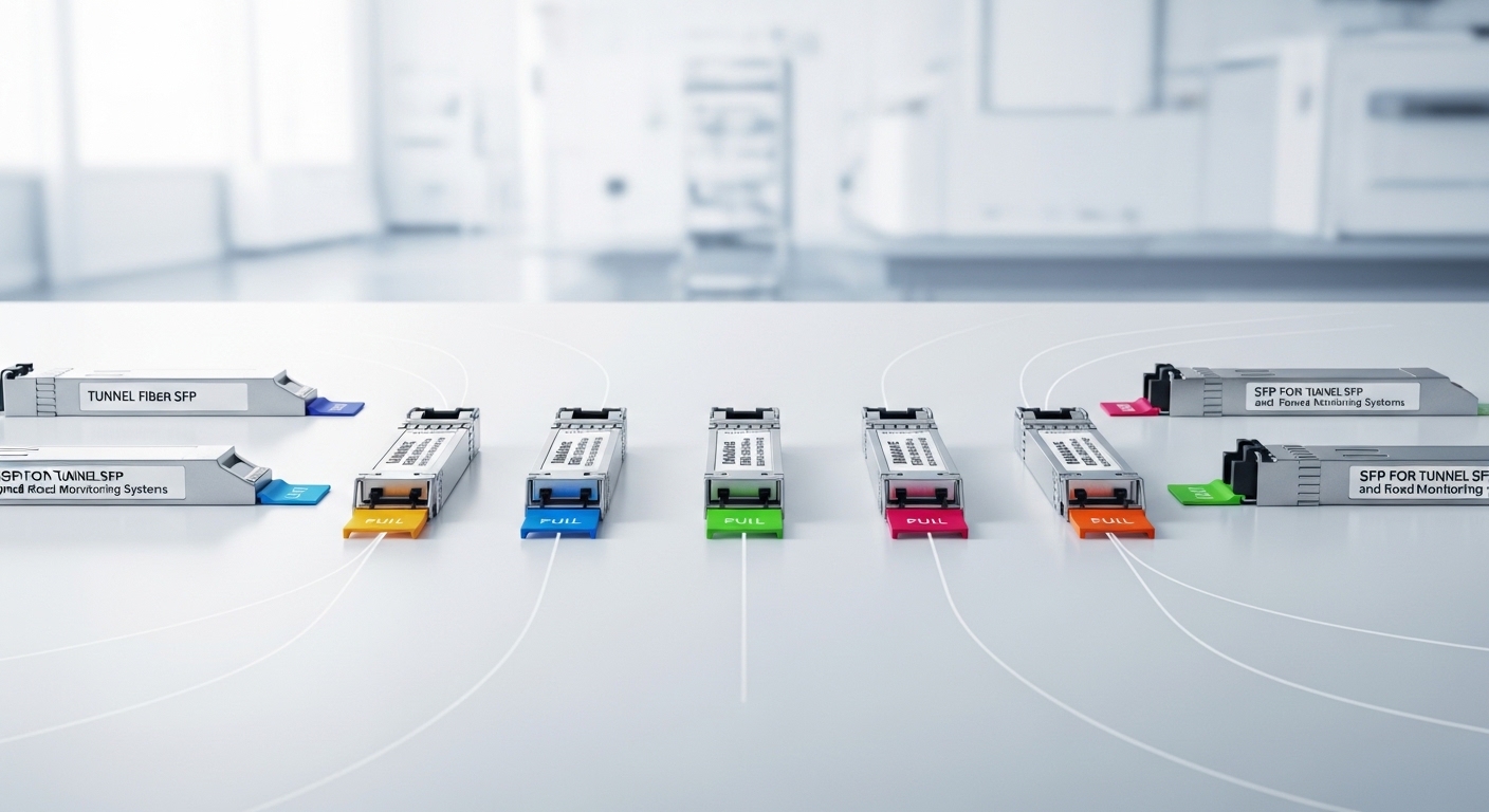 Minimalist design showcasing tunnel fiber SFP, SFP for Tunnel and Road Monitoring Systems, clean composition, vibrant modern 