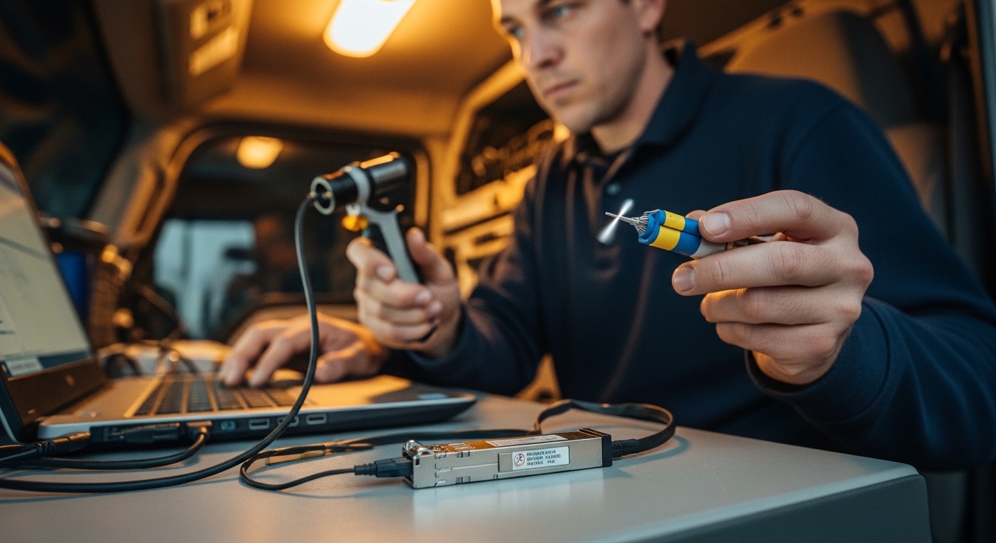 Lifestyle scene style photograph of a technician at a laptop inside a utility truck, holding a fiber inspection scope and LC 