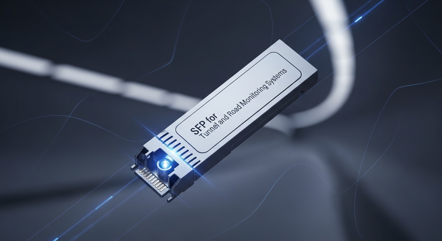 Minimalist design showcasing tunnel fiber SFP, SFP for Tunnel and Road Monitoring Systems, clean composition, vibrant modern 