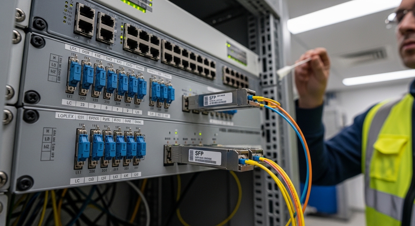 A photorealistic wide-angle photograph inside an airport equipment room, showing a fiber patch panel with labeled duplex LC c