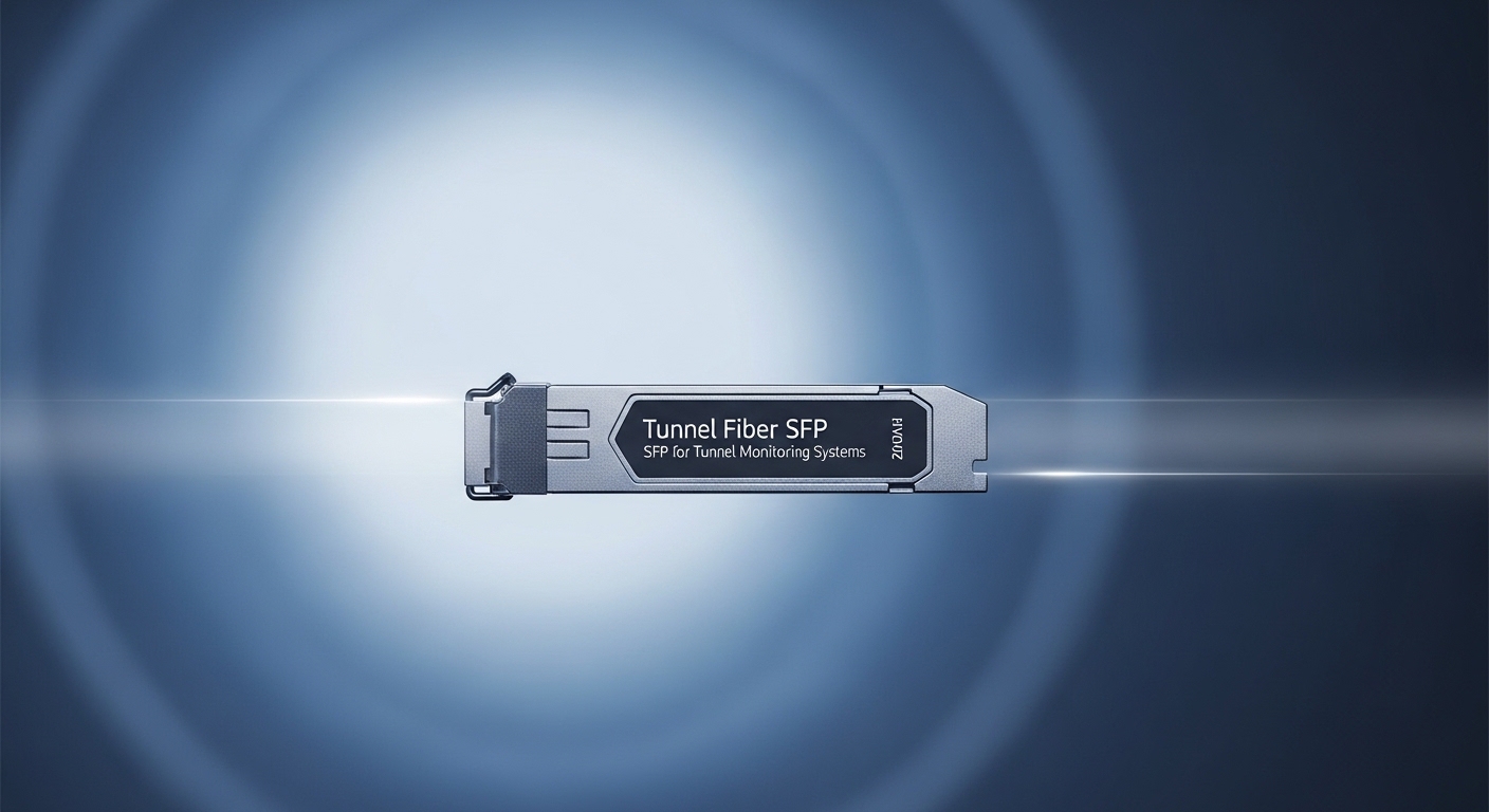 Minimalist design showcasing tunnel fiber SFP, SFP for Tunnel and Road Monitoring Systems, clean composition, vibrant modern 
