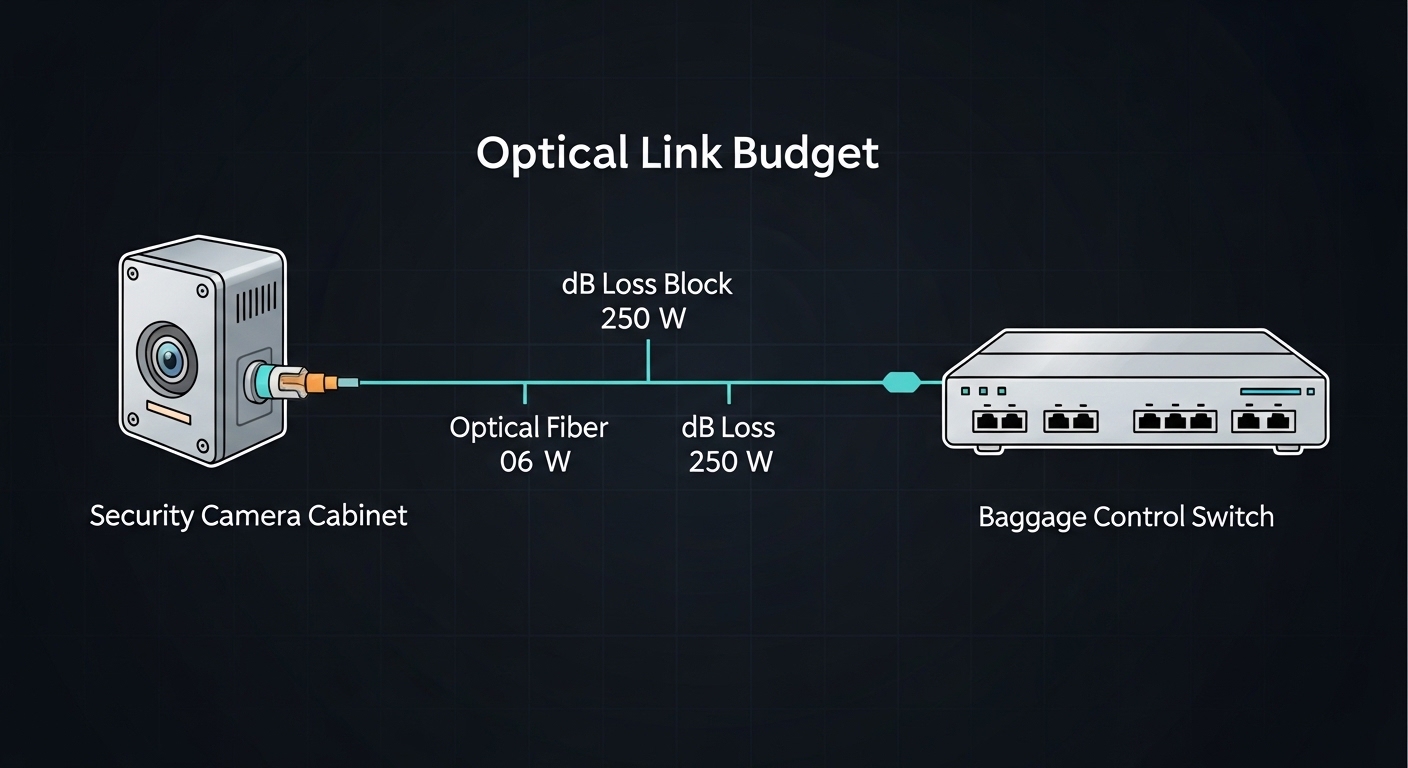 Conceptual illustration showing an optical link budget diagram with dB loss blocks (fiber attenuation, connector loss, splice