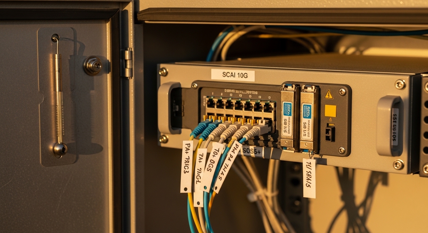Close-up photography of an outdoor pipeline SCADA cabinet with an open door at golden hour; inside, a rugged fiber patch pane