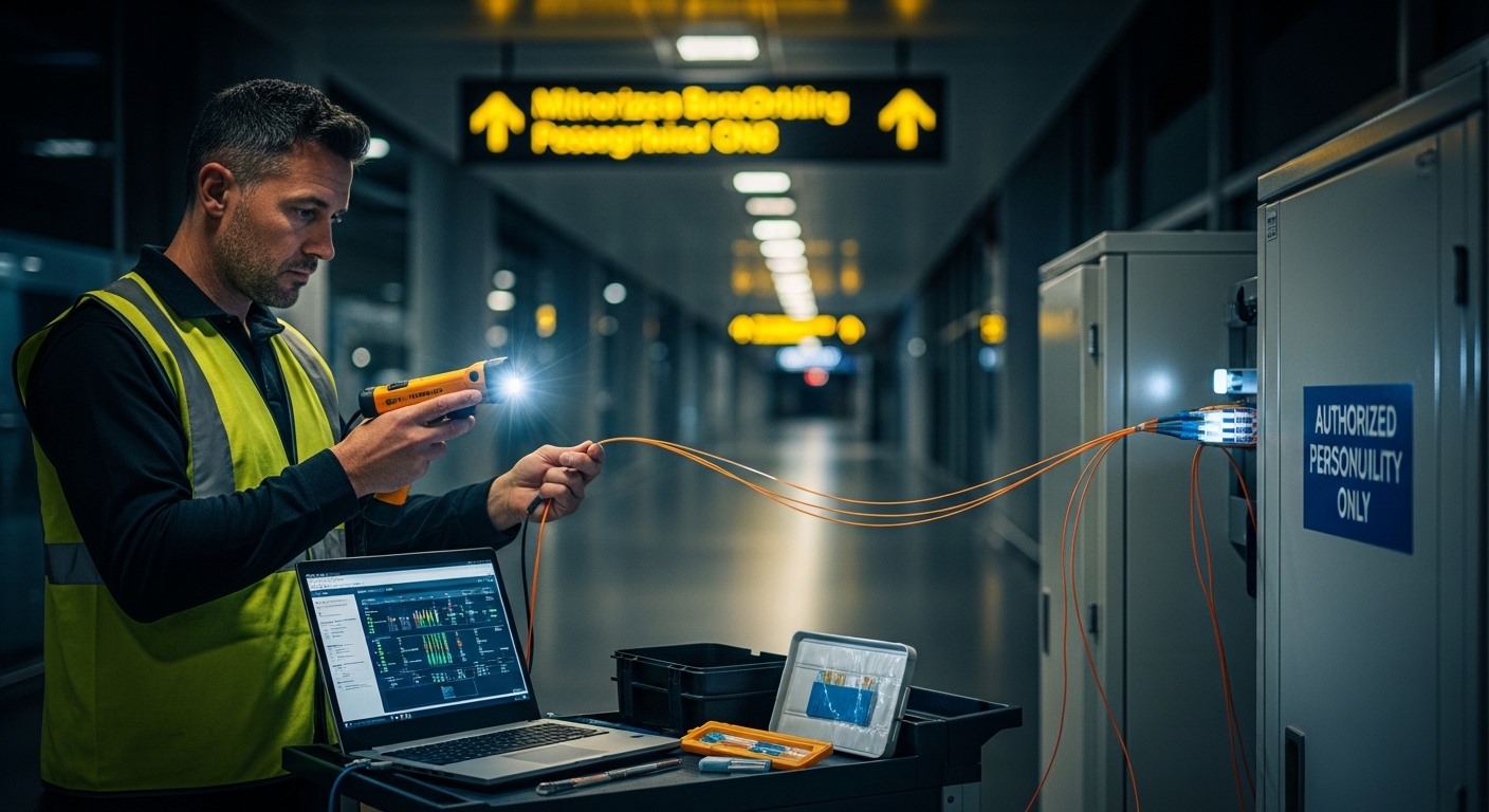 Photography-style lifestyle scene in an airport corridor at night, showing a maintenance engineer using a handheld fiber insp