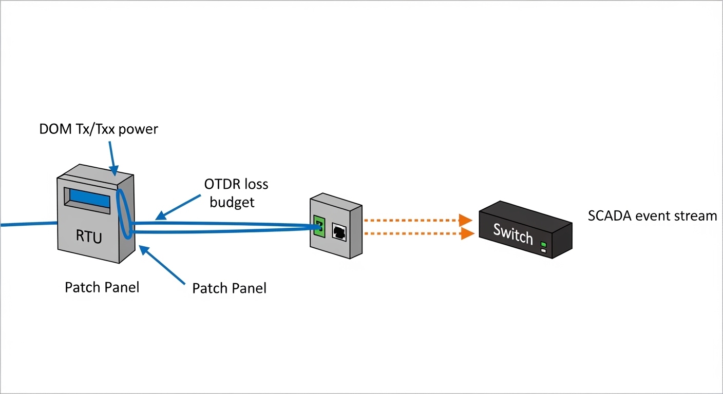 Illustration in clean technical style showing a network diagram overlay: pipeline leak detection fiber running to remote RTU,