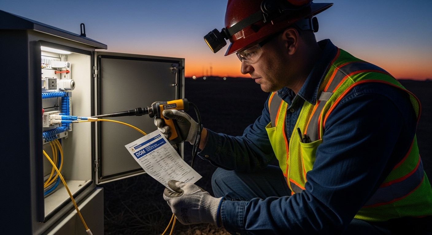 Lifestyle scene with a field engineer in PPE kneeling beside a closed pipeline SCADA cabinet at dusk; the engineer uses a fib