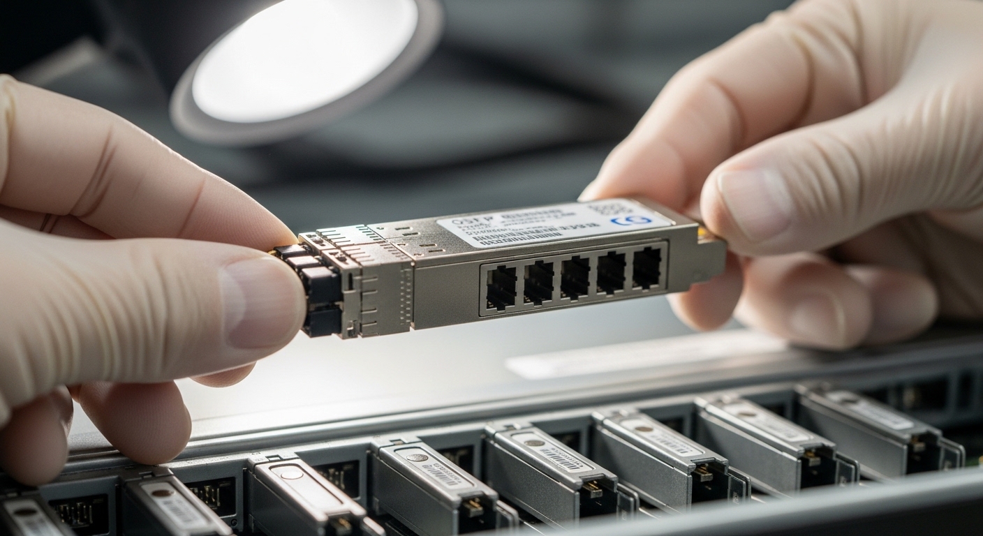 Close-up photography of an OSFP 800G optical transceiver with LC/MPO connectors on an open switch chassis, technician gloved 
