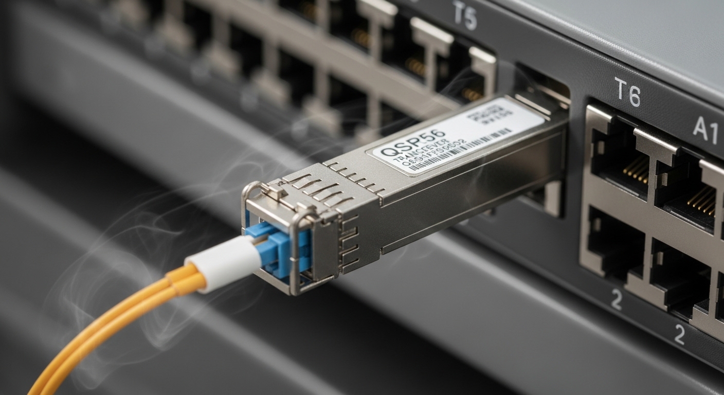 Macro photography of a QSFP56 optical transceiver module plugged into a dense AI server switch port cage, showing the fiber c