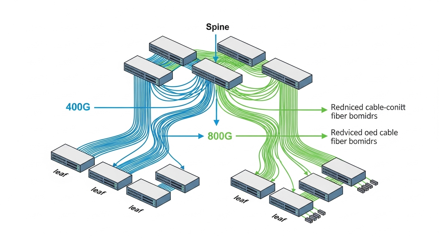 Vector illustration in clean isometric style showing a leaf-spine topology diagram, color-coded arrows labeled 400G and 800G,
