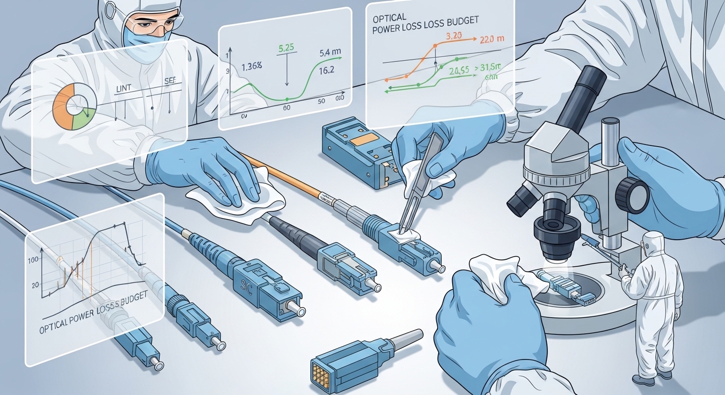 Clean-room style illustration of fiber optic connectors being cleaned with lint-free wipes and an inspection microscope, with