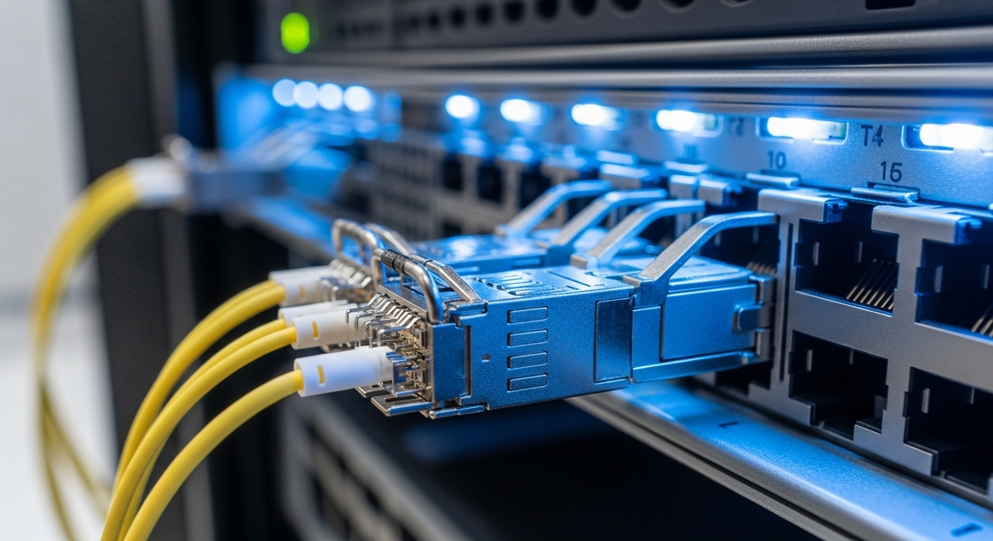 Photorealistic close-up of a QSFP-DD transceiver seated in a high-density AI server switch port, showing MPO/MTP connector en