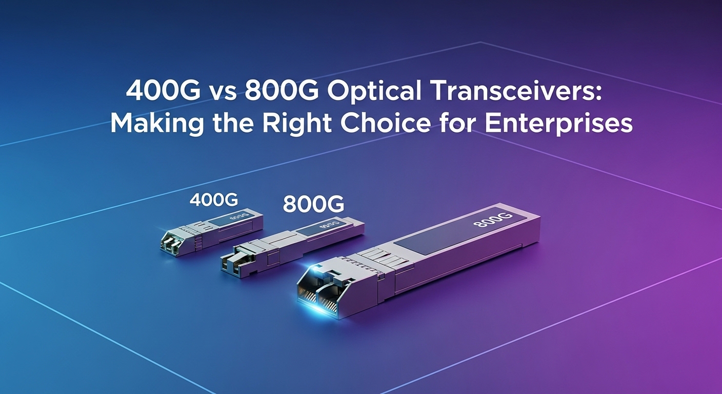 Minimalist design showcasing 800G optics, 400G vs 800G Optical Transceivers: Making the Right Choice for Enterprises, clean c