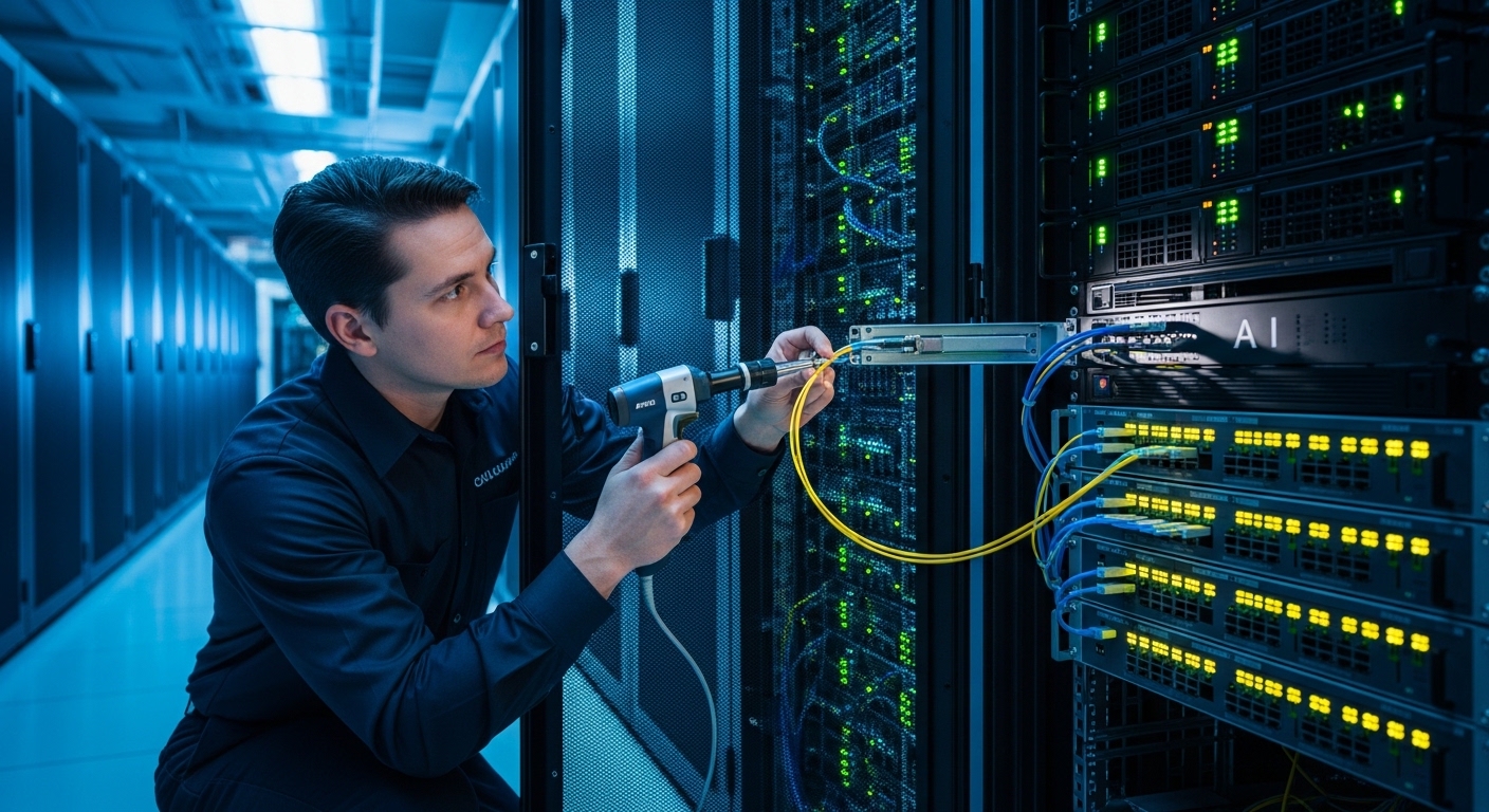 Photo-realistic lifestyle scene inside a data center aisle, a field engineer holding a fiber inspection scope near an open AI