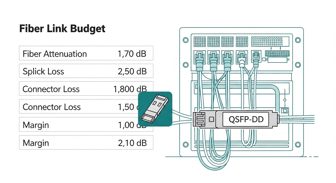 Clean-room style illustration of a fiber link budget worksheet overlaying a rack diagram, with labeled loss terms (fiber atte