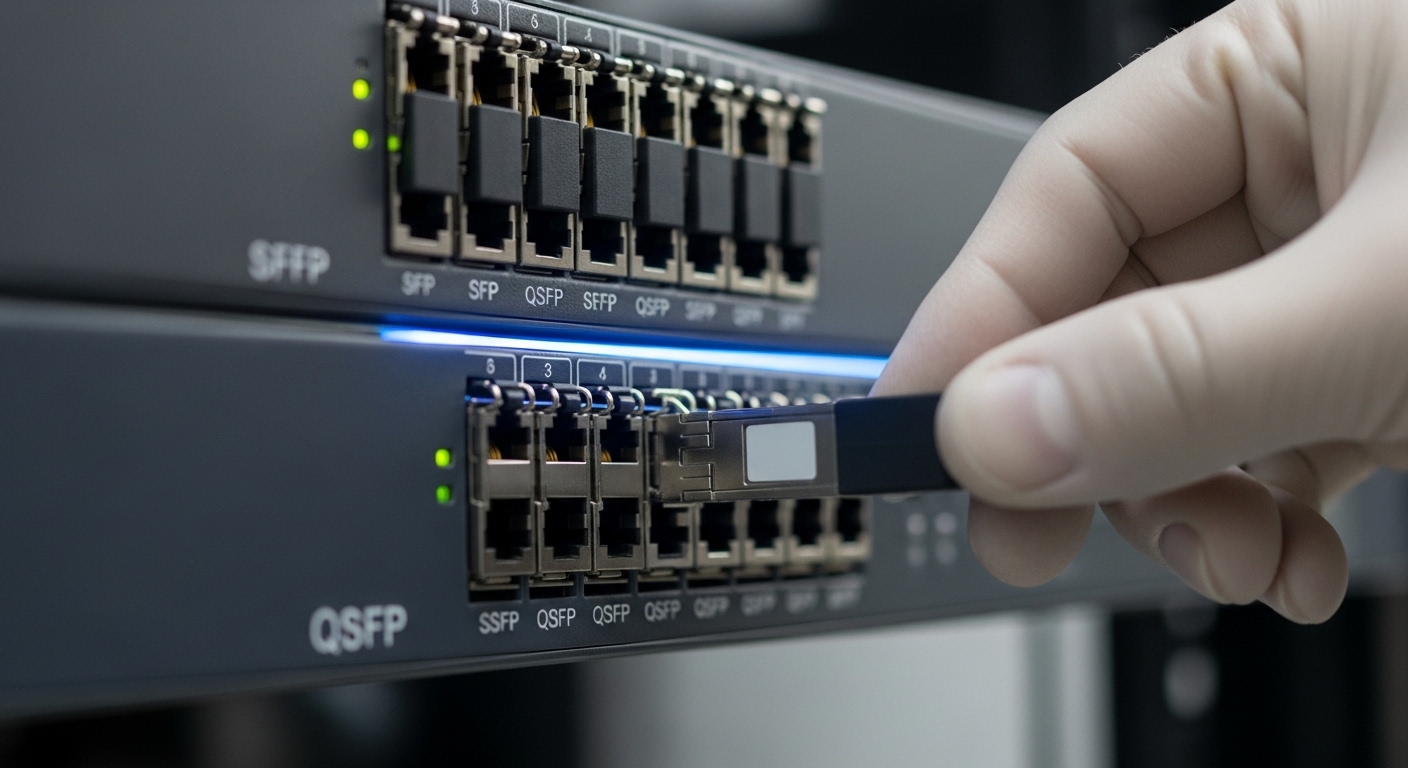 Photorealistic close-up of a network switch front panel in a data center rack, showing two rows of transceiver cages labeled 