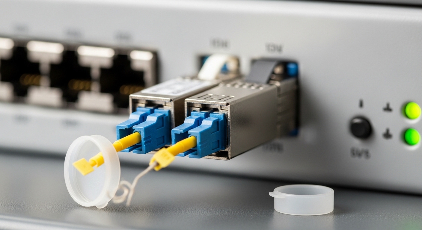 Close-up macro photography of a pluggable fiber optic transceiver module seated in a telecom switch port, showing LC connecto
