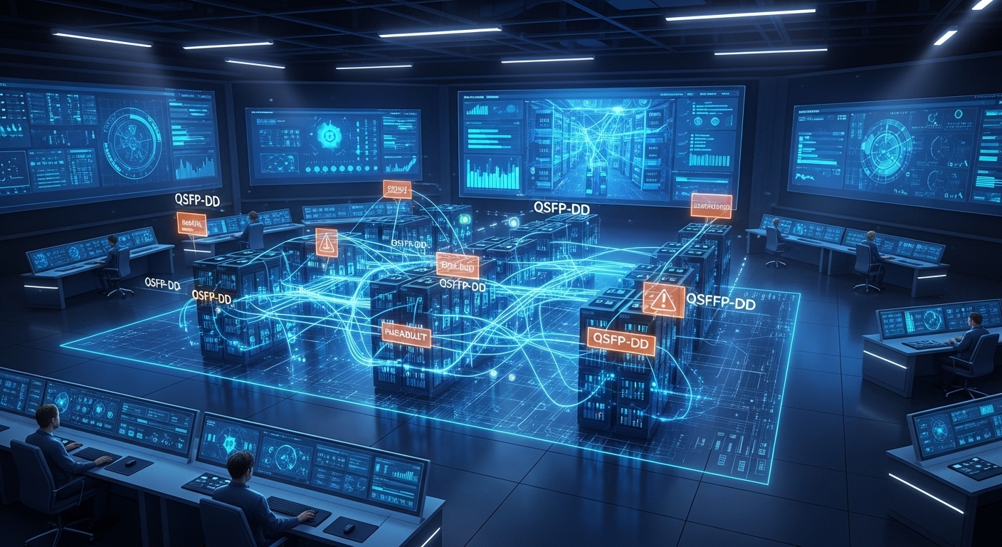 Concept art style scene of an AI data center control room, with a holographic network map showing QSFP-DD links glowing betwe