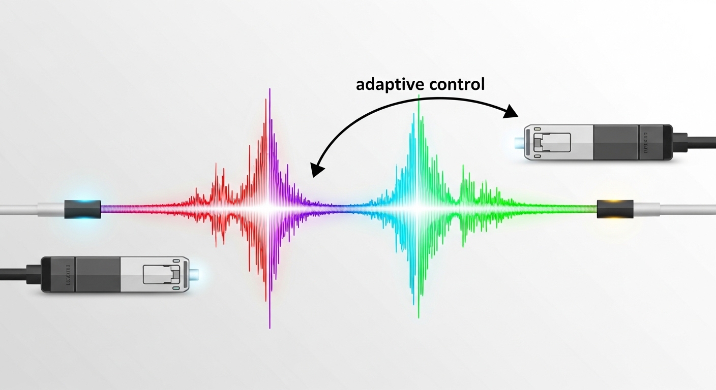 Vector-style concept illustration of a fiber link with a transceiver at each end, animated-looking signal levels represented 