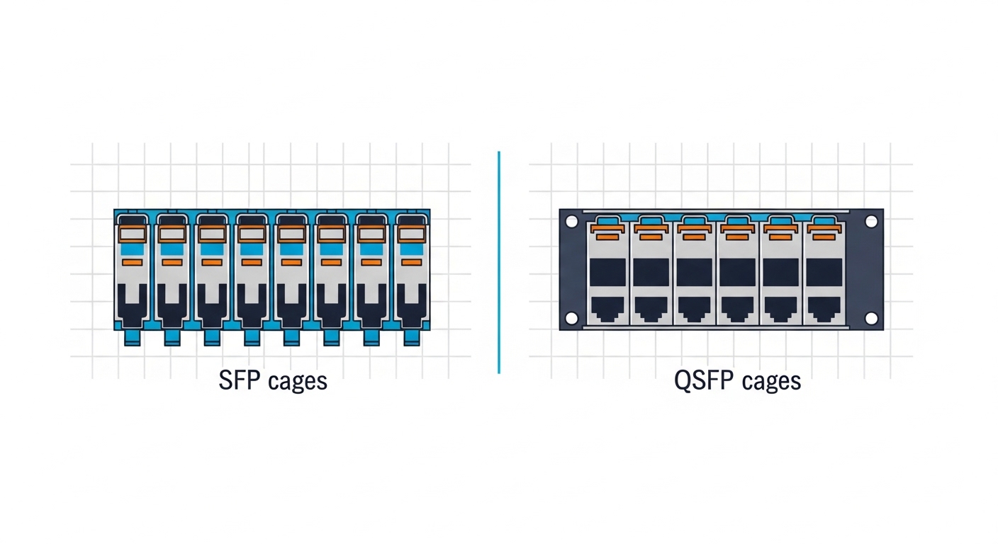 Minimalist vector illustration comparing two port layouts, one labeled “SFP cages” and one labeled “QSFP cages,” showing lane