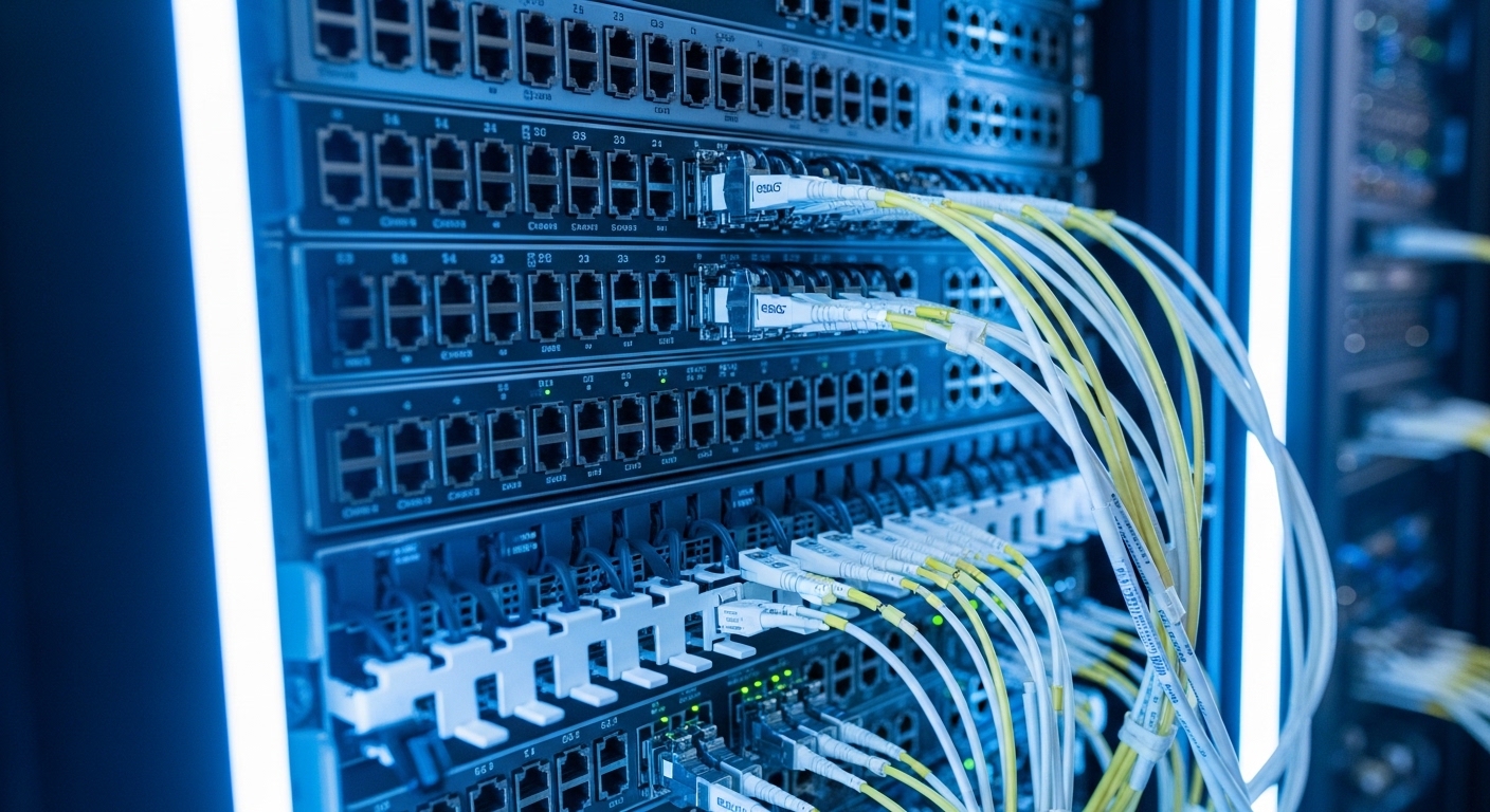 Photorealistic scene inside a modern data center aisle; close-up of a rack with QSFP28 ports on top-of-rack switches; several