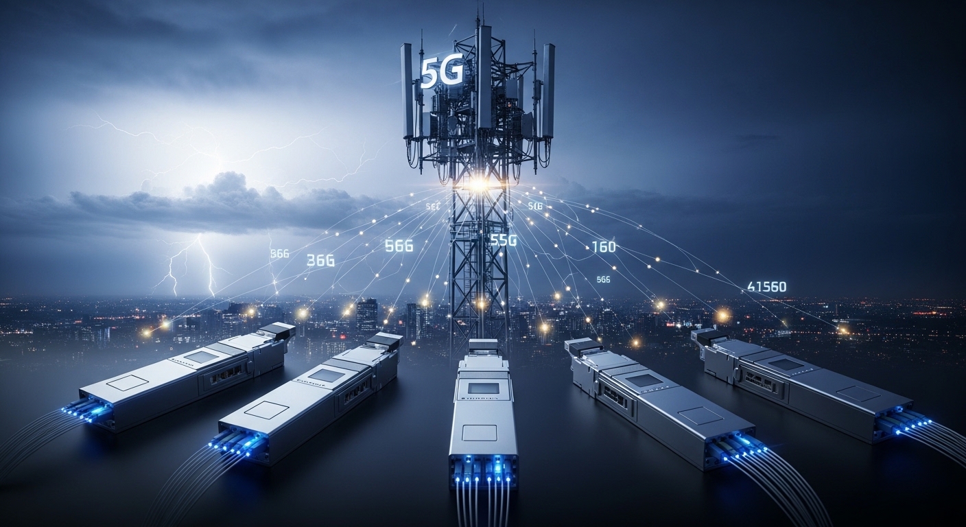 Cinematic editorial photograph of 5G network, Understanding the Role of Adaptive Optical Transceivers in 5G Networks, dramati