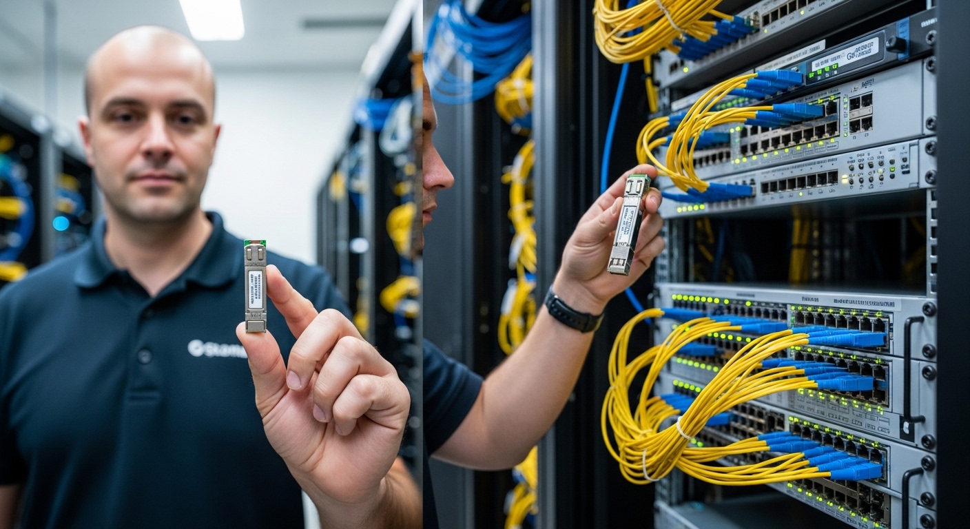 Documentary-style photo of density comparison, Comparing SFP and QSFP Transceivers for High-Density Data Centers, natural lig