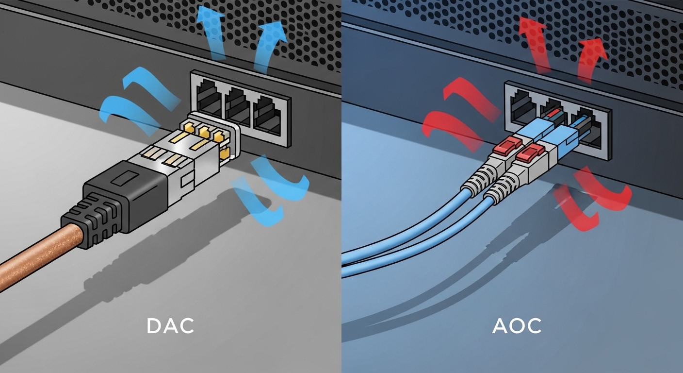 Illustration style concept art showing a side-by-side comparison; left side shows a copper twinax DAC cable plugged into a QS