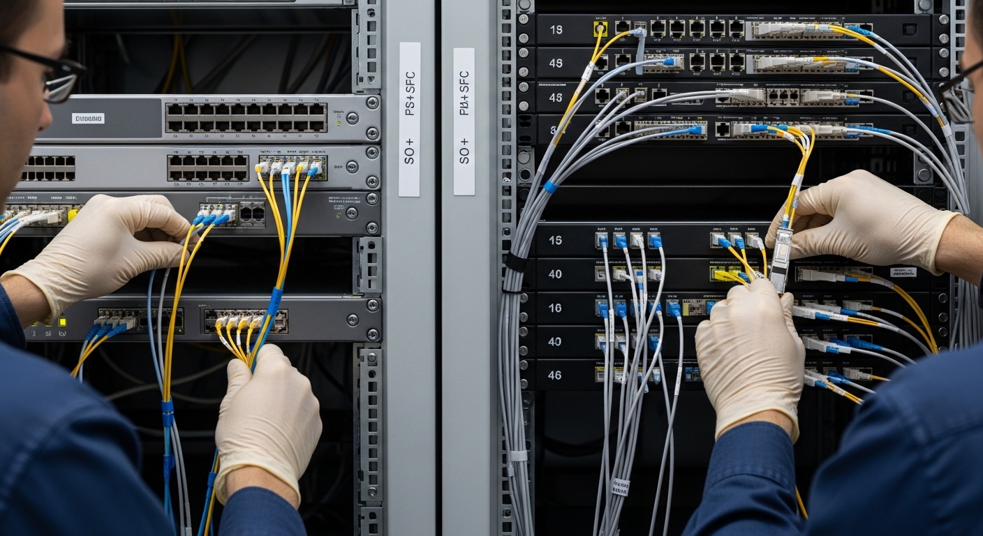 A photorealistic scene inside a server rack bay, showing two adjacent network racks with technicians wearing gloves cleaning 
