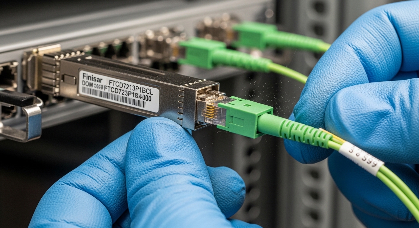 Close-up macro photography of a QSFP-DD 400G optical transceiver seated in a server switch cage, technician gloved hands gent