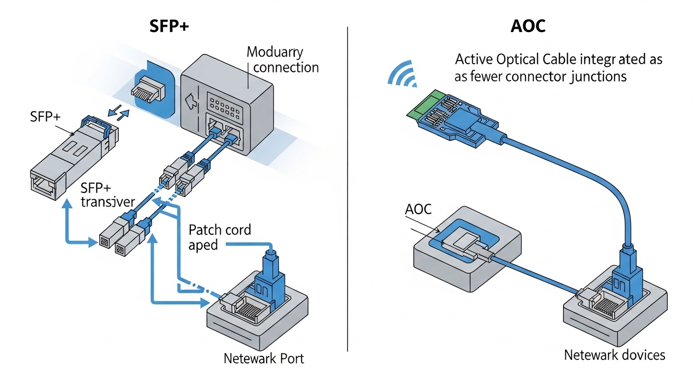 An engineering illustration showing a side-by-side comparison diagram: left panel labeled SFP+ with separate transceiver, LC 