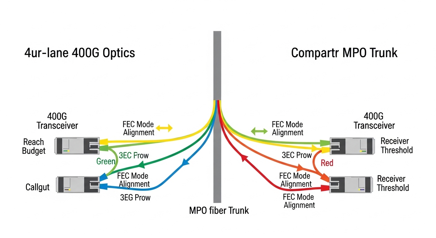 Clean vector illustration comparing four-lane 400G optics over an MPO fiber trunk, with colored wavelength bands, arrows show