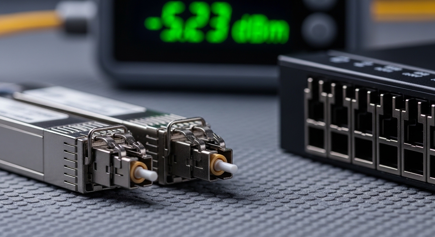 A macro photography scene of two QSFP28 optical transceivers on an anti-static mat beside a fiber patch panel, with close-up 