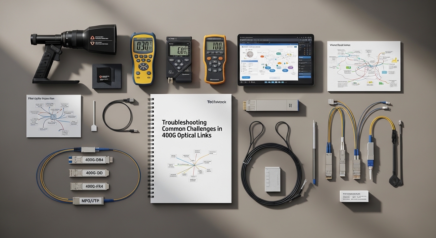 Overhead flat-lay composition of troubleshooting, Troubleshooting Common Challenges in 400G Optical Links, styled layout, sof