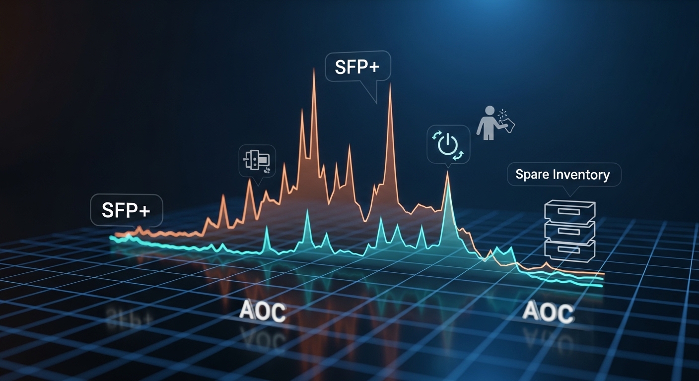 Concept art style showing two cost curves on a grid: one curve labeled SFP+ with higher operational incident spikes over time