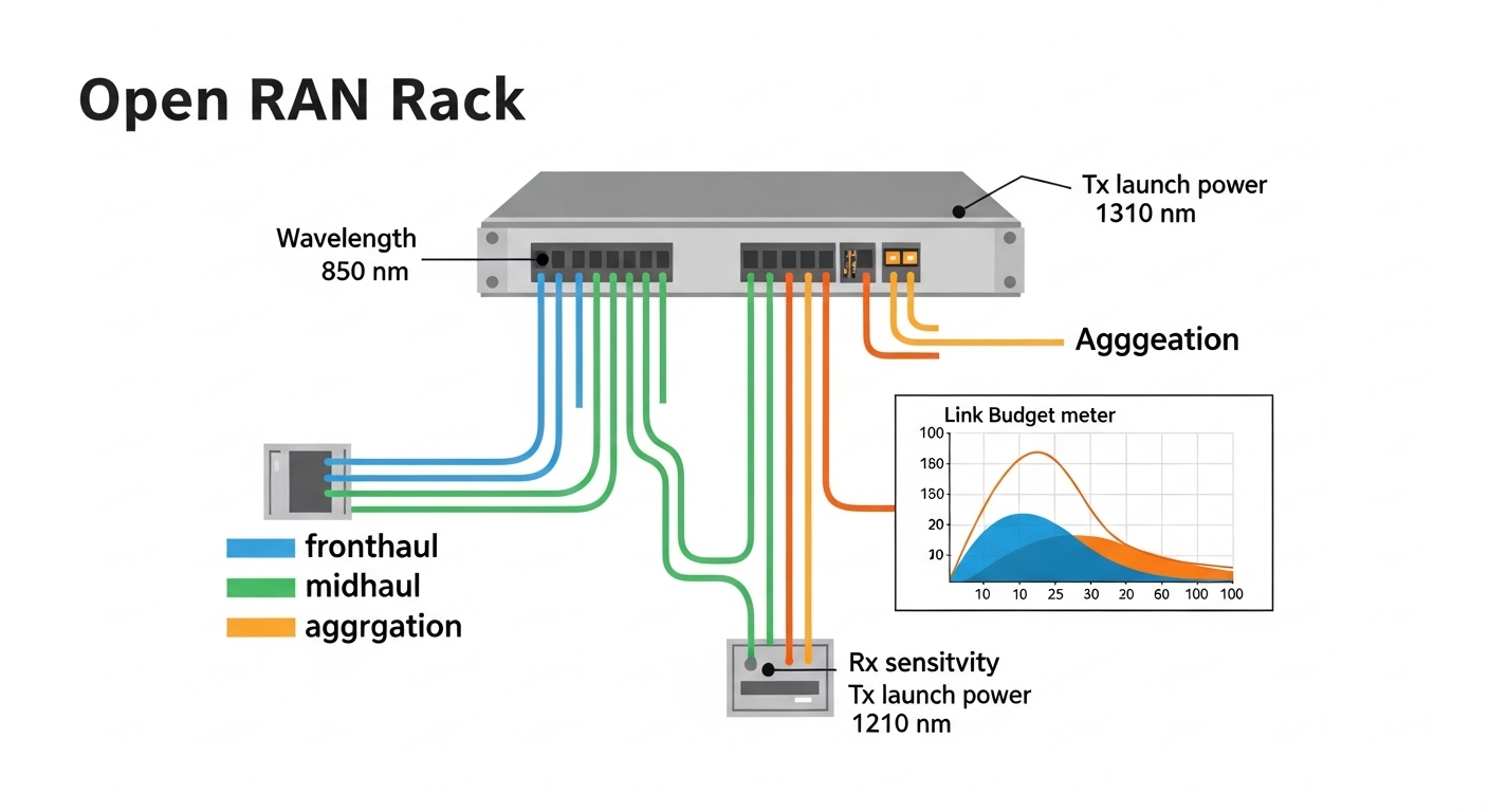 Clean vector illustration showing an Open RAN rack with color-coded fiber paths labeled “fronthaul,” “midhaul,” and “aggregat