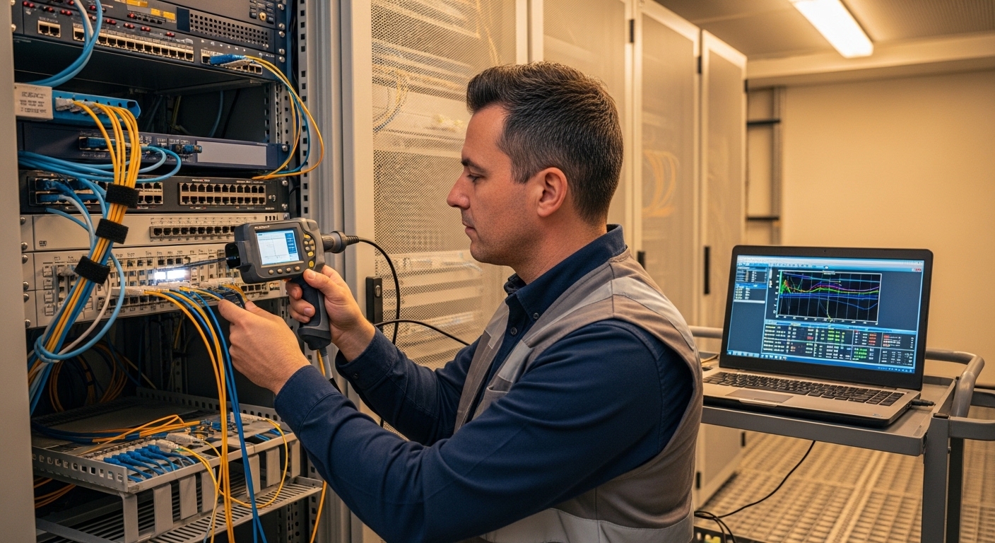Photographic lifestyle scene inside a telecom equipment room, engineer in safety vest holding a fiber inspection scope over a