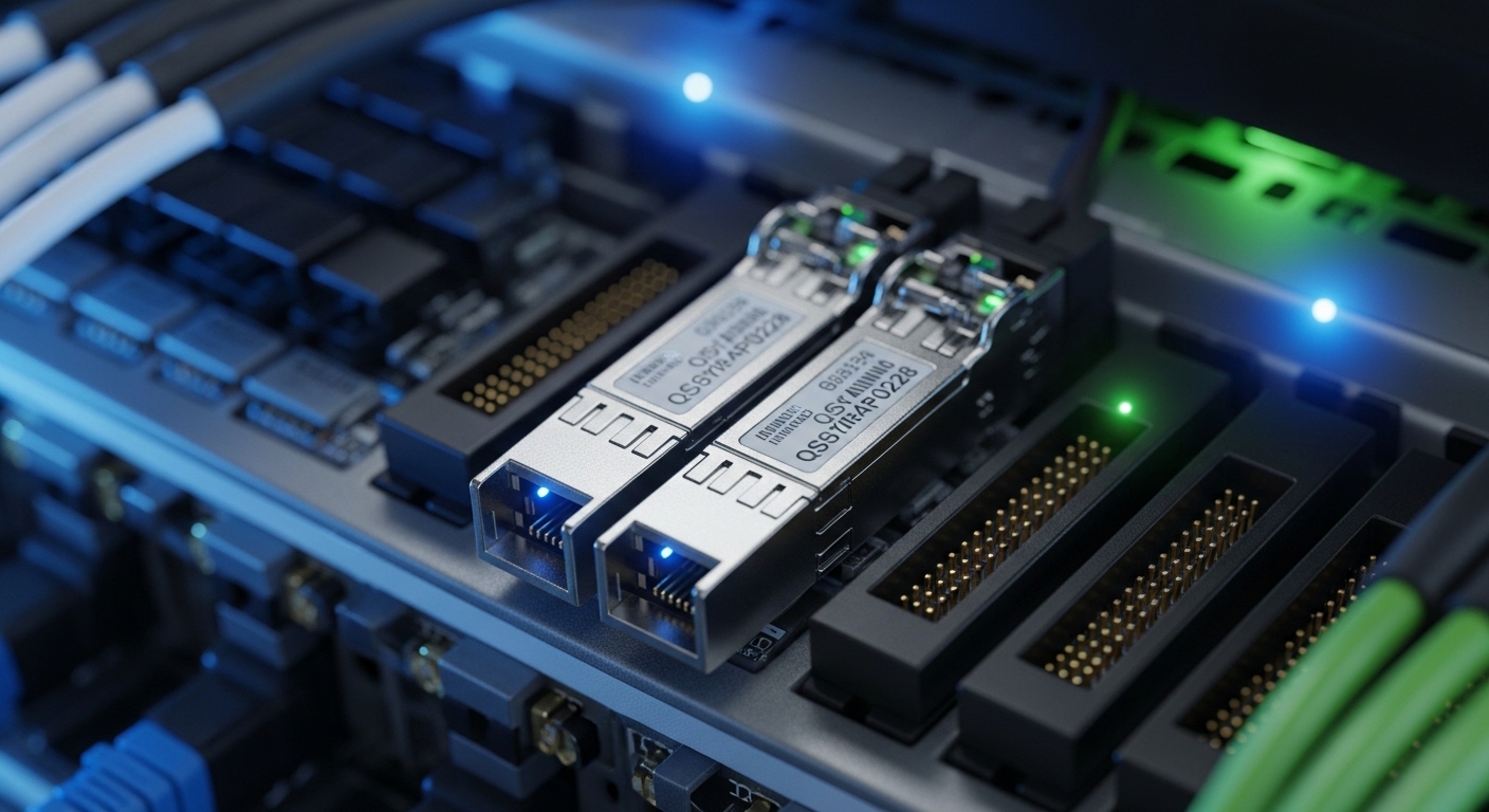 A macro photography scene inside a server rack, showing two hot-swappable QSFP28 transceiver modules seated in a spine switch