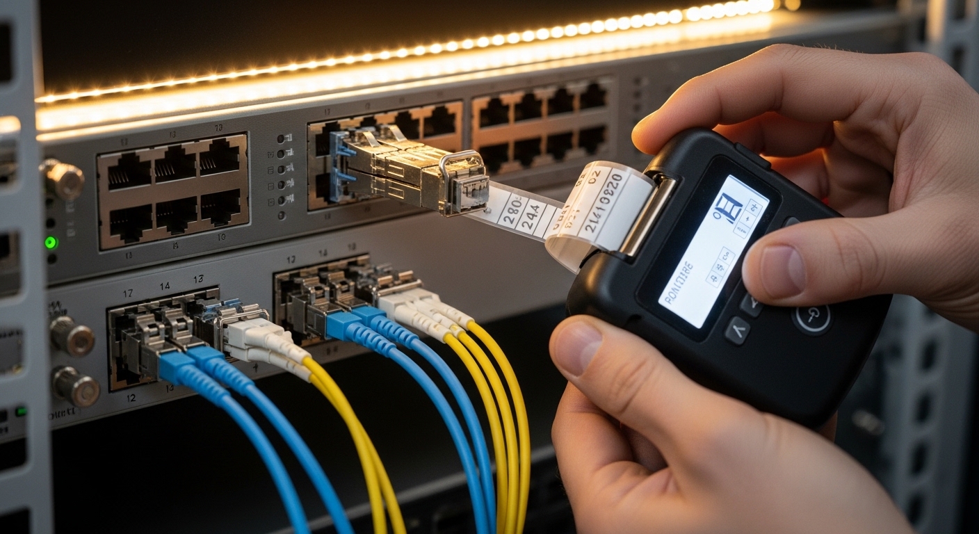 Photorealistic close-up of a data center top-of-rack switch with two SFP+ cages open, a technician label-marks fiber patch co
