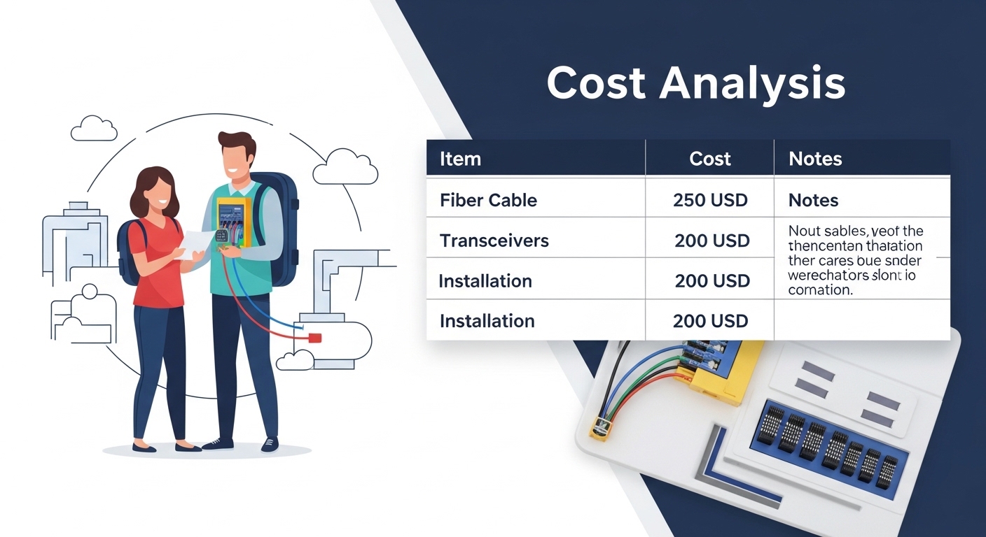 Clean vector illustration comparing a link budget diagram with wavelength bands, OM3 vs OM4 curves, and a cost analysis score
