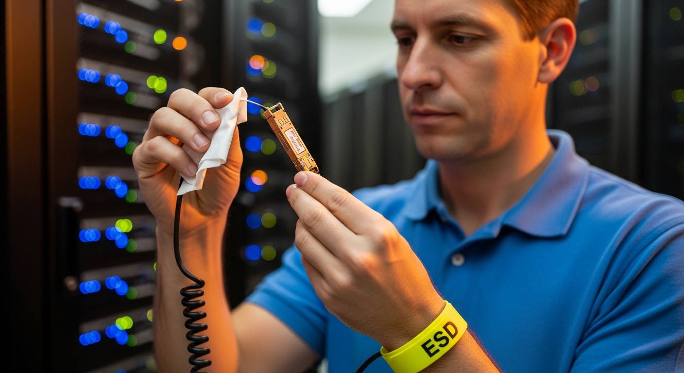 Lifestyle photo in a server room, an engineer wearing ESD strap holding a QSFP28 transceiver and a lint-free cleaning wipe, w