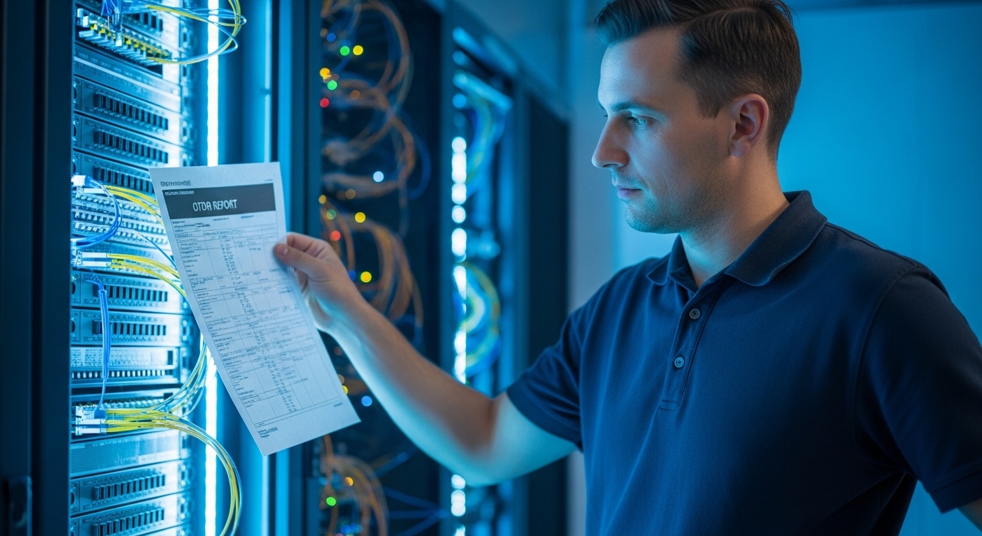 Lifestyle scene of a network operations engineer in a server room holding an OTDR report printout next to fiber patch panels,