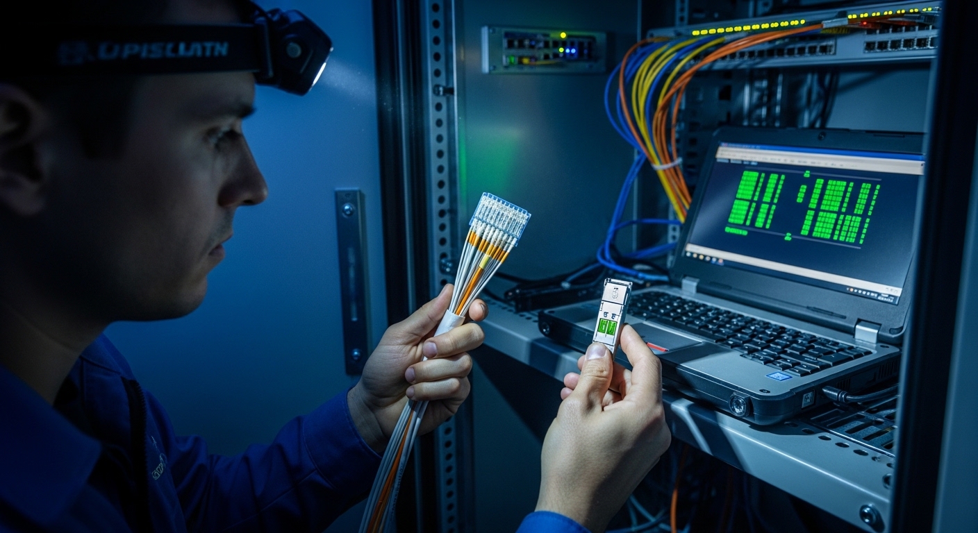 A photorealistic documentary-style photo of a field technician in a dim outdoor cabinet opening a network rack, holding an MP